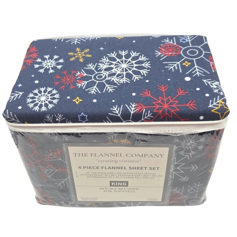 King Size Winter Cozy Cotton Flannel Sheet Set Snowflakes‎ Printed Heavy Weight